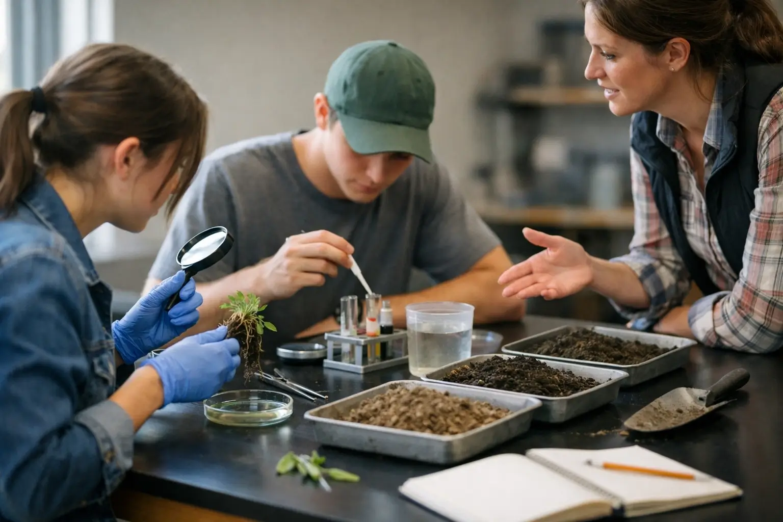 Students testing soil in an agriscience classroom