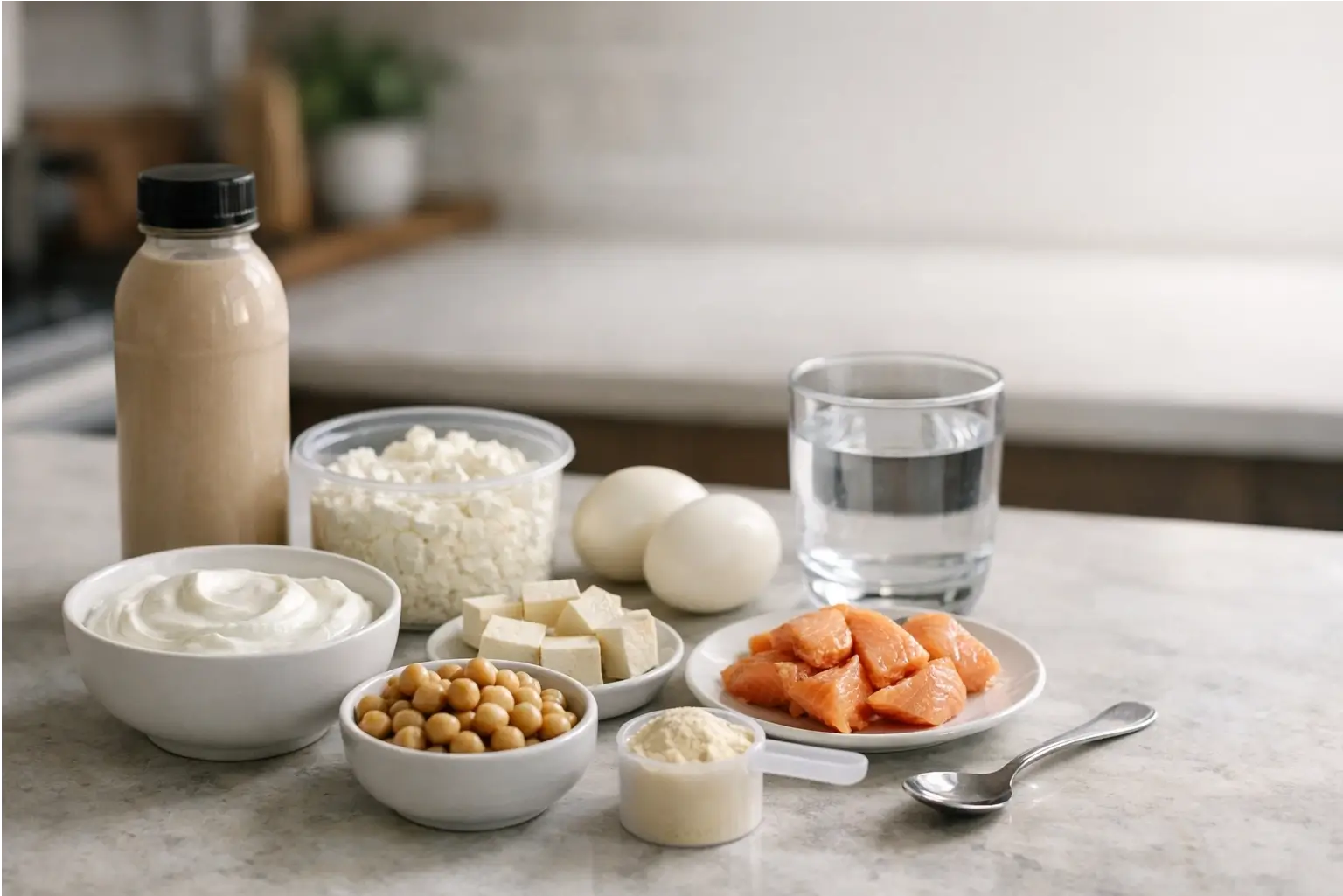 Small high-protein foods on a kitchen counter for low appetite.