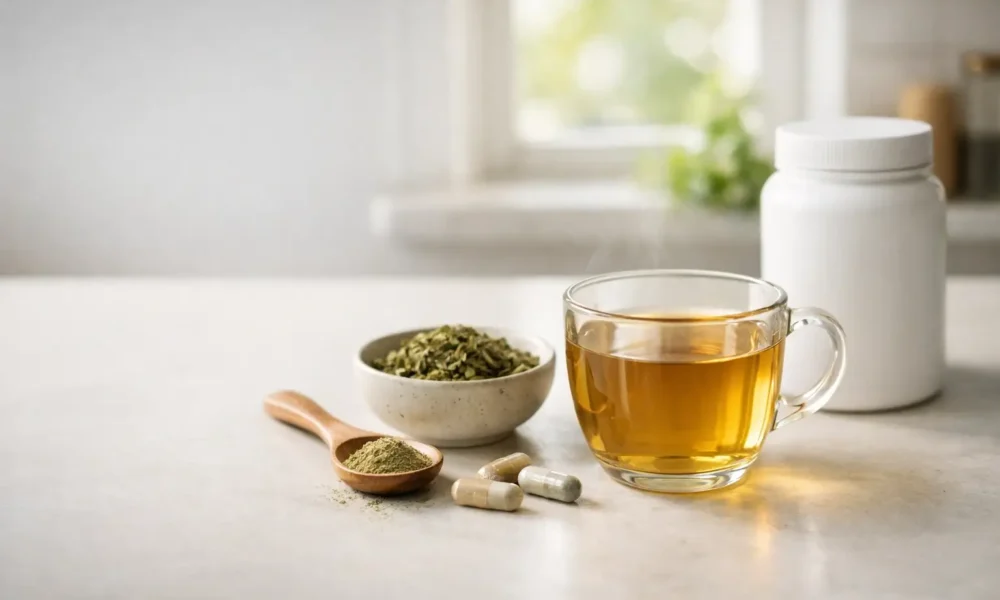 Herbal tea and capsules for lyposingrass wellness topic