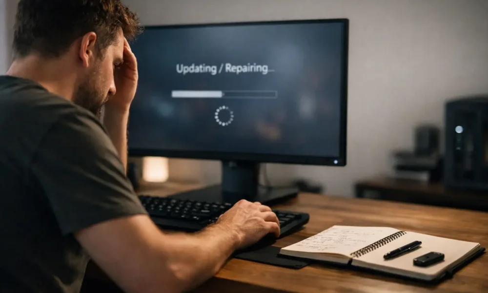 Gaming PC running a Mabinogi patch update at a clean desk