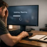 Gaming PC running a Mabinogi patch update at a clean desk