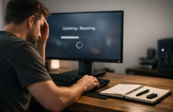 Gaming PC running a Mabinogi patch update at a clean desk