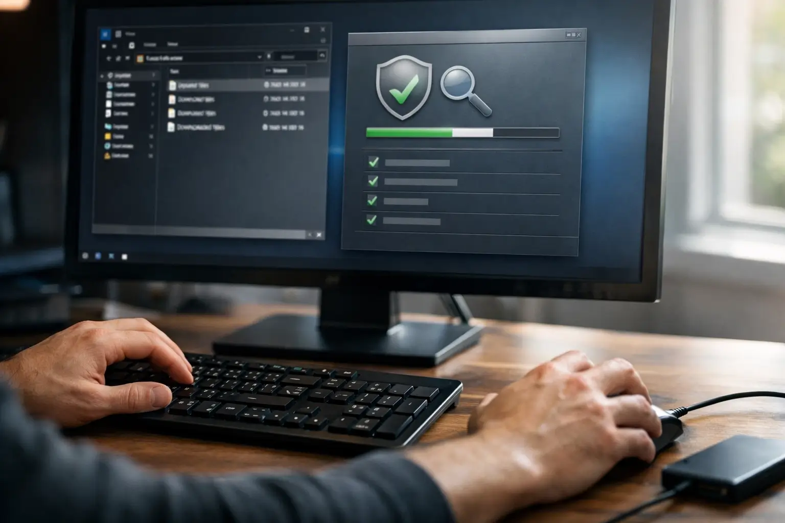 Close-up of a safe game patch download check on a desktop computer