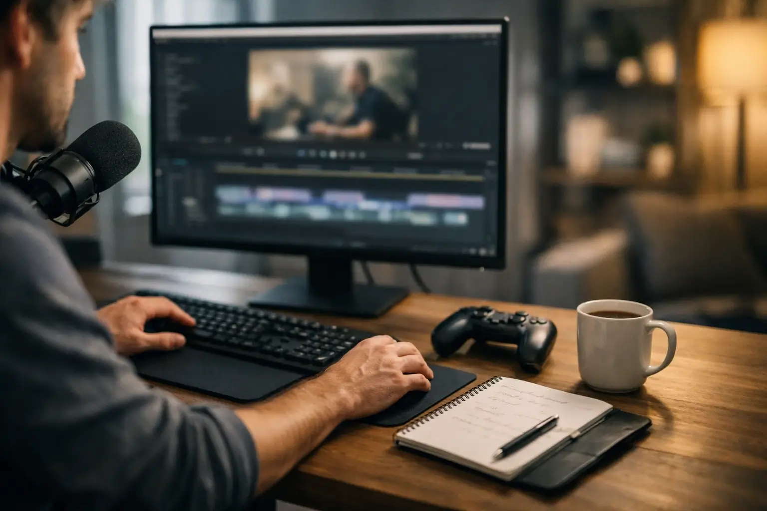 A gaming creator editing videos at a desktop computer