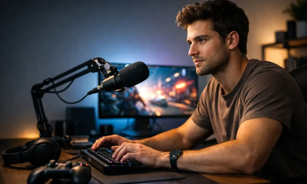 A gaming content creator sitting at a clean desk with a monitor and microphone