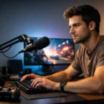 A gaming content creator sitting at a clean desk with a monitor and microphone