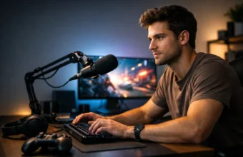A gaming content creator sitting at a clean desk with a monitor and microphone