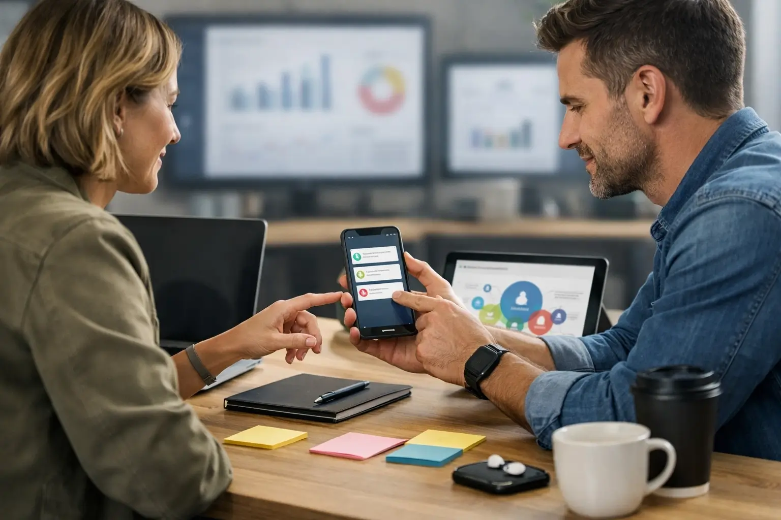 Marketing team discussing email and mobile message campaigns