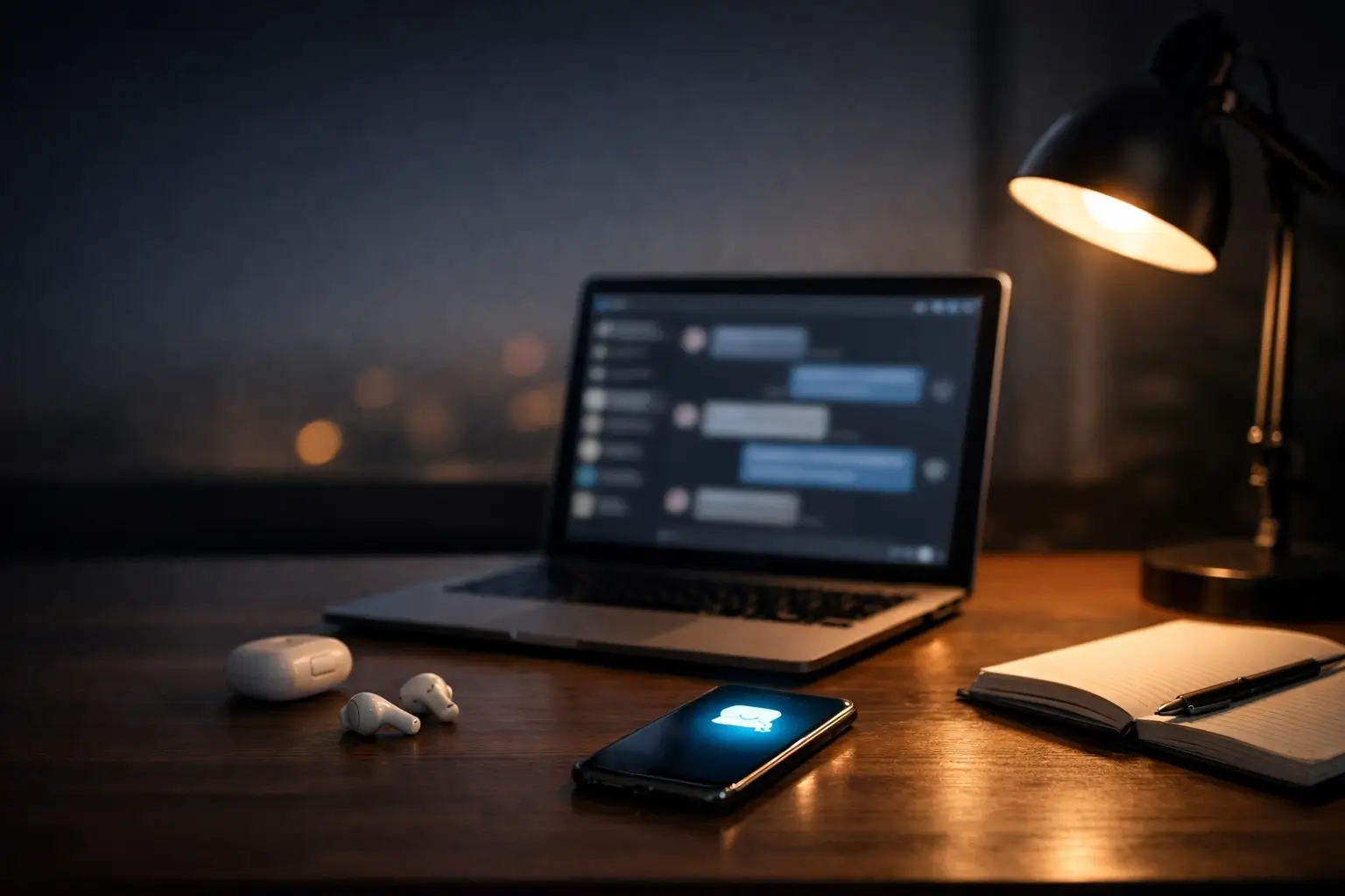 Remote work desk with laptop and phone for digital messaging