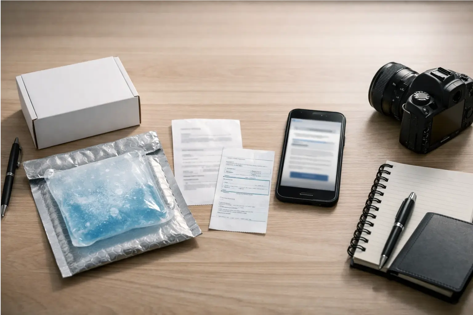 Desk layout with a generic pen, box, receipt, and phone for reporting a suspected fake injection.