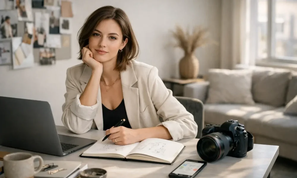 Digital content creator working at a clean home studio desk