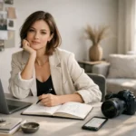Digital content creator working at a clean home studio desk