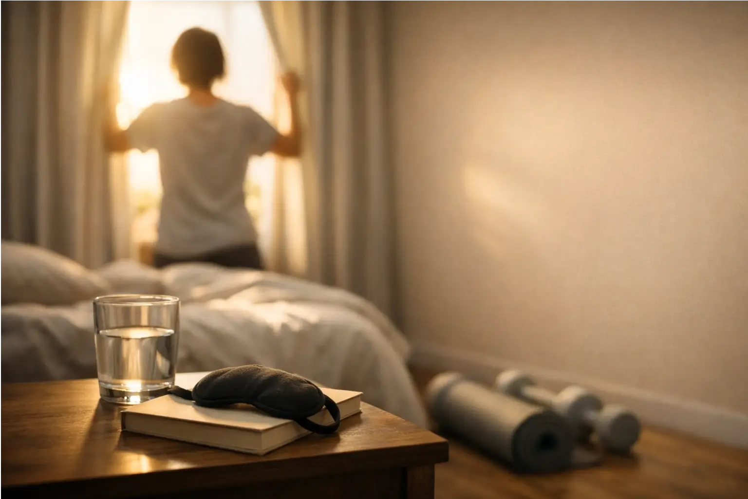 Person opening curtains for morning light to support better sleep.