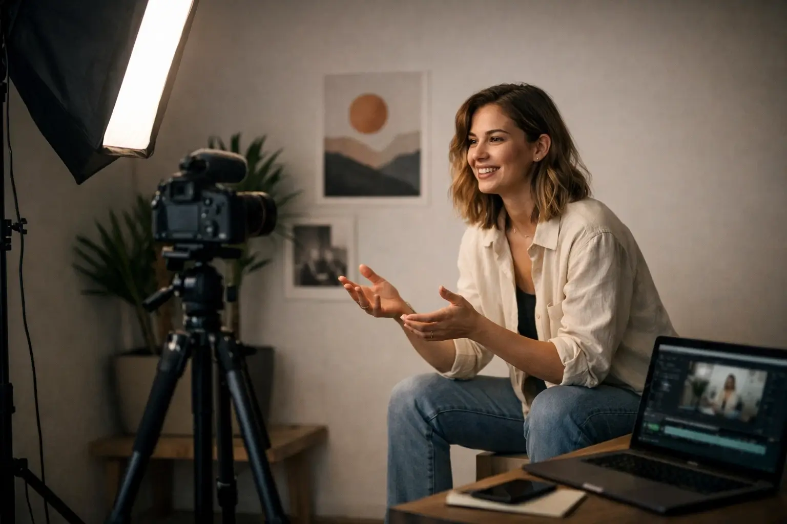 Female content creator filming in a modern studio