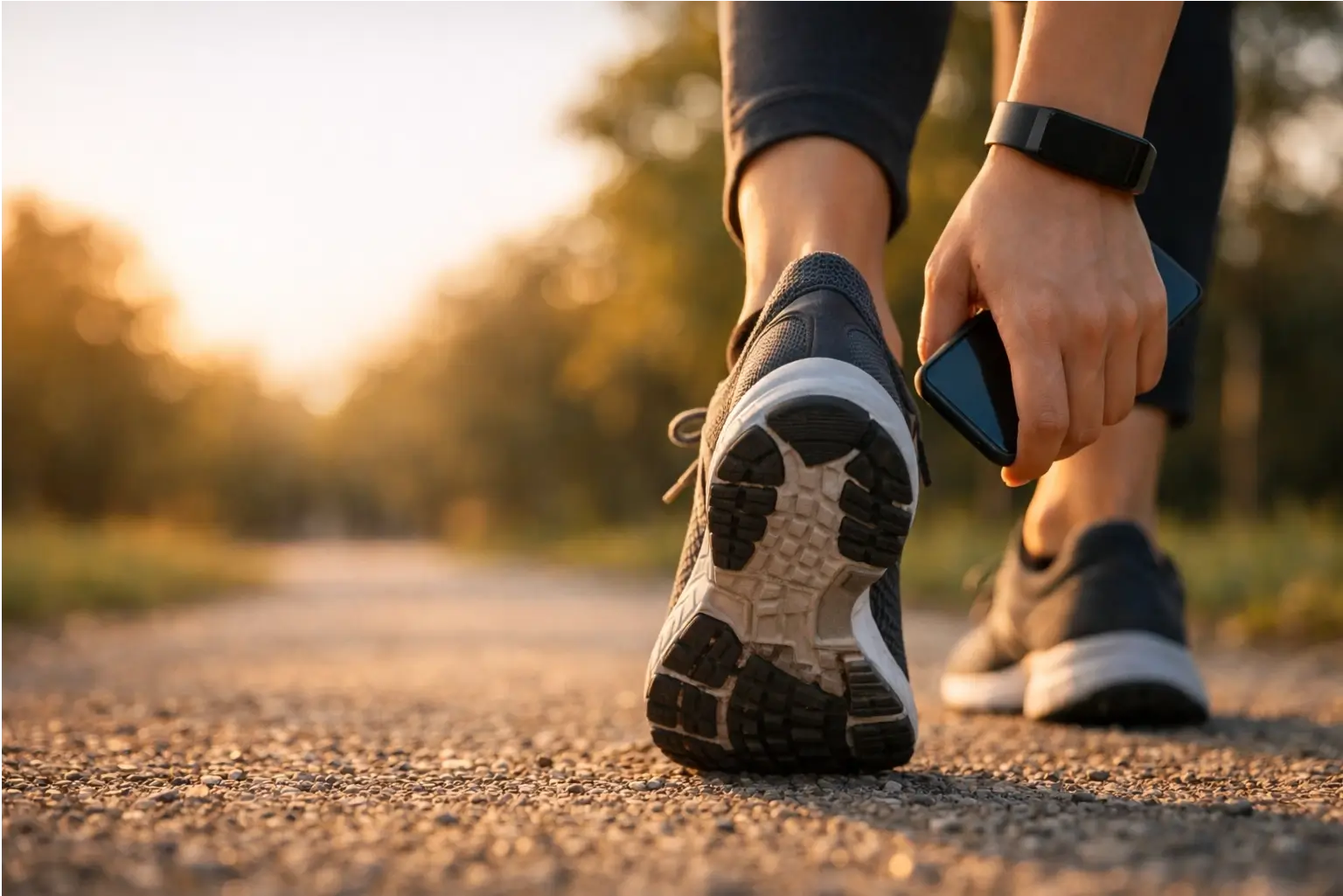 Close-up of walking shoes on a path to increase daily steps during a plateau