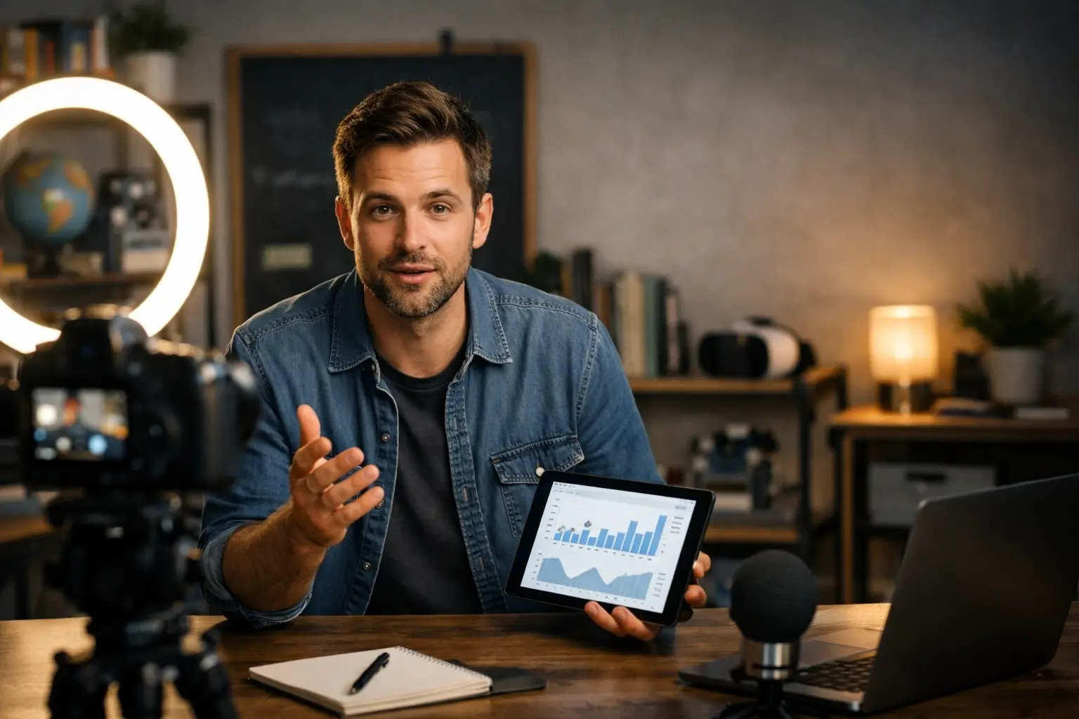 Creator filming content with camera and tablet nearby