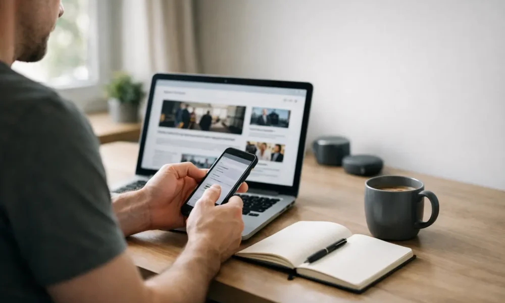Modern desk setup with laptop and phone for news contact search