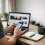 Modern desk setup with laptop and phone for news contact search