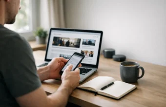 Modern desk setup with laptop and phone for news contact search