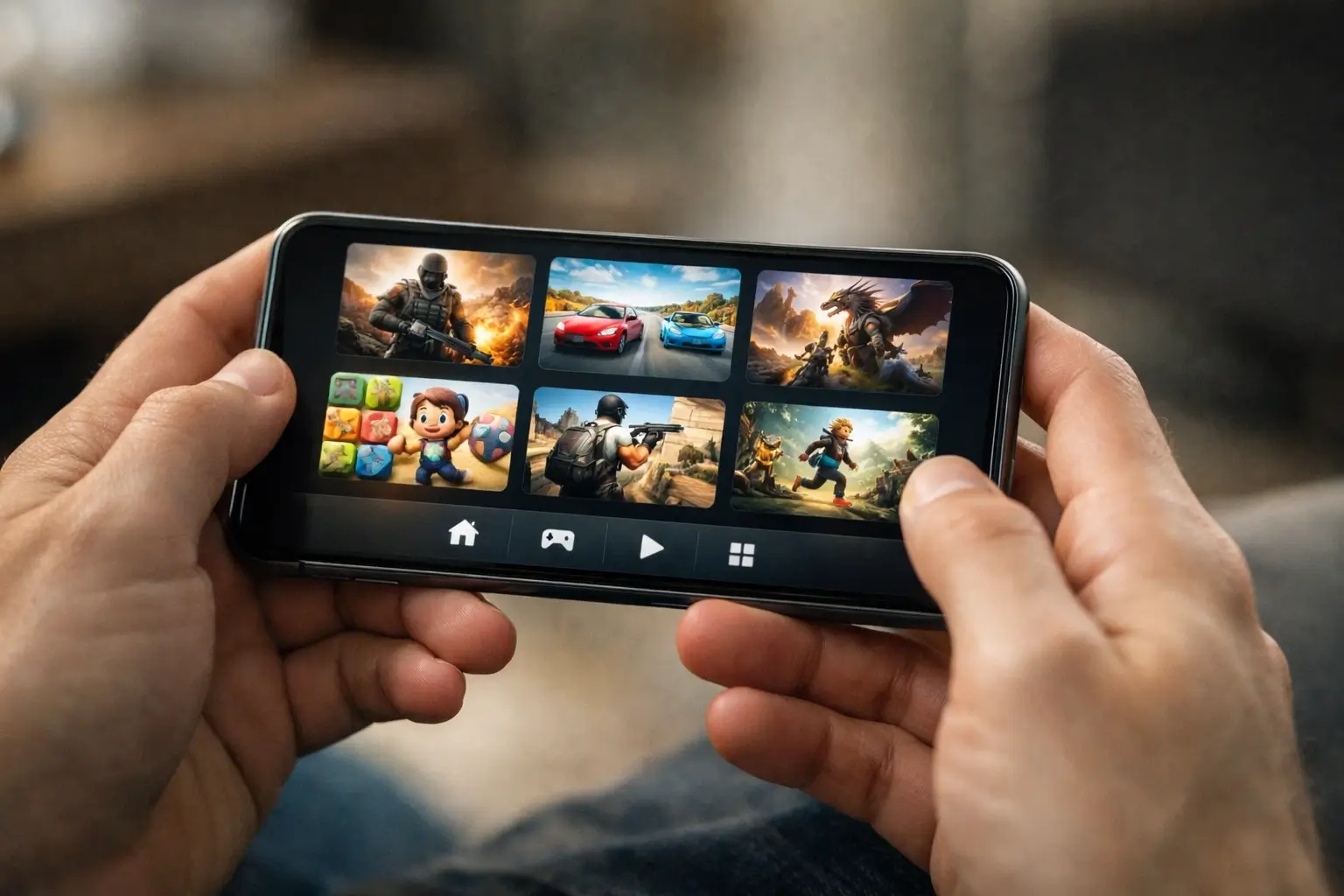 Hands holding a phone with Opang88 game options