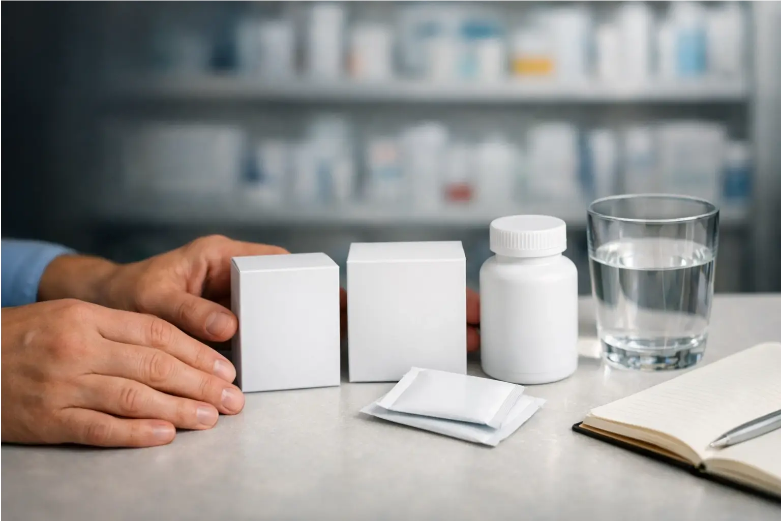 Pharmacist hands with unbranded laxatives and water for constipation help.