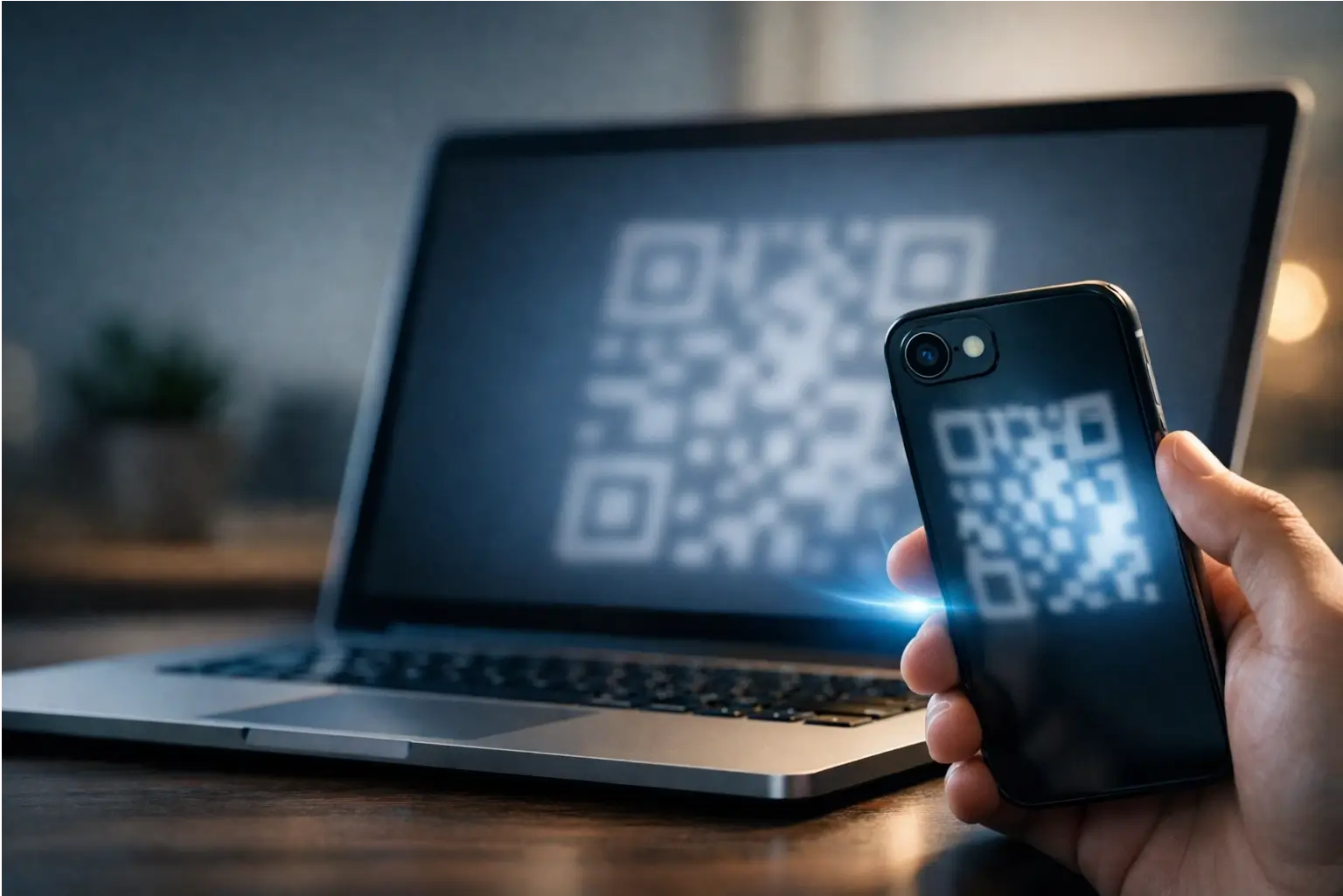 Phone scanning a QR code to sign in on a laptop