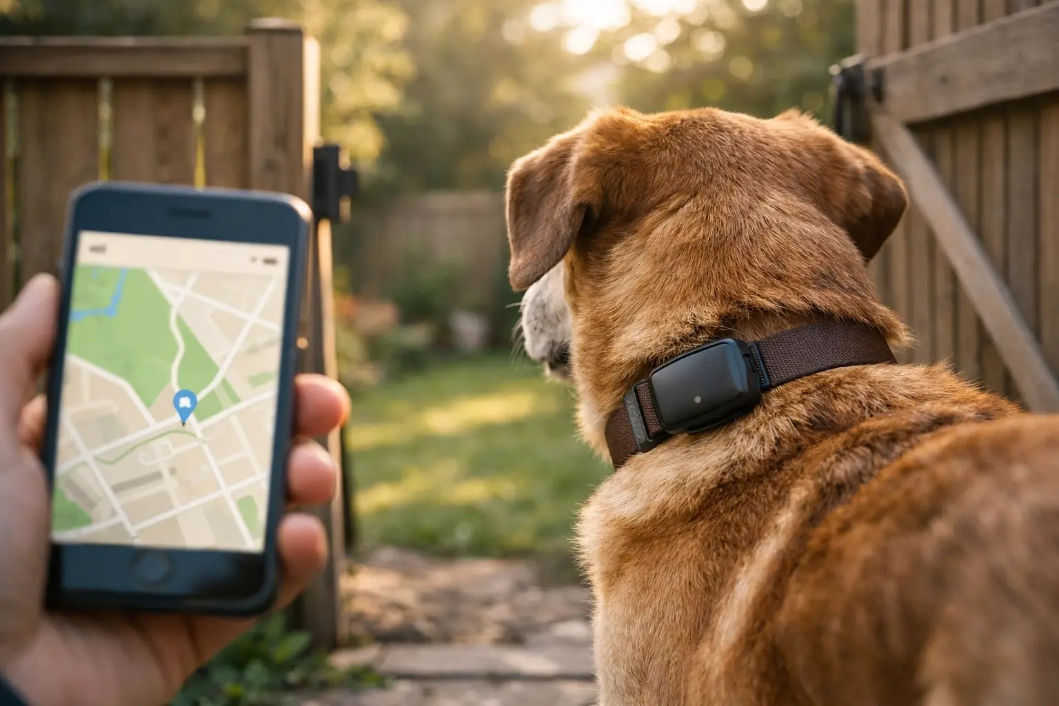 Dog wearing a pet tracqueur on its collar