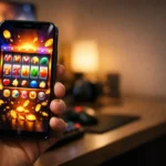 Hand holding a phone with a colorful mobile slot game