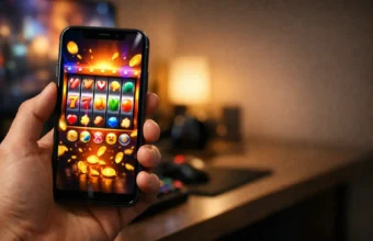 Hand holding a phone with a colorful mobile slot game