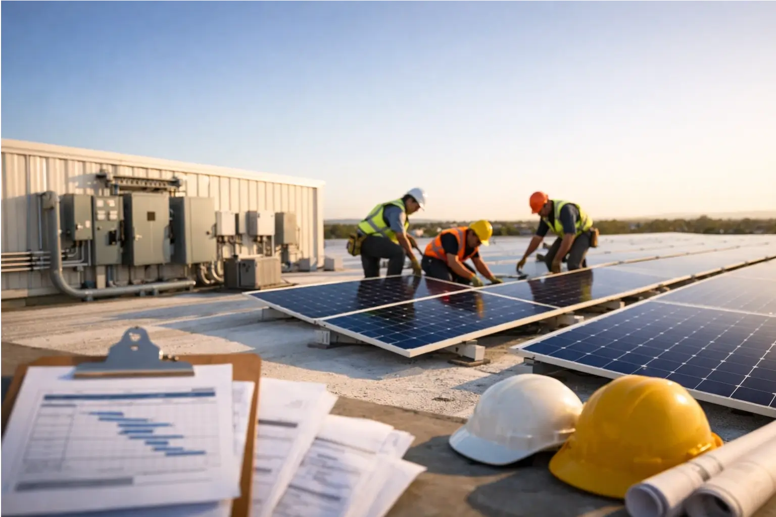 Solar workers installing panels on a warehouse roof