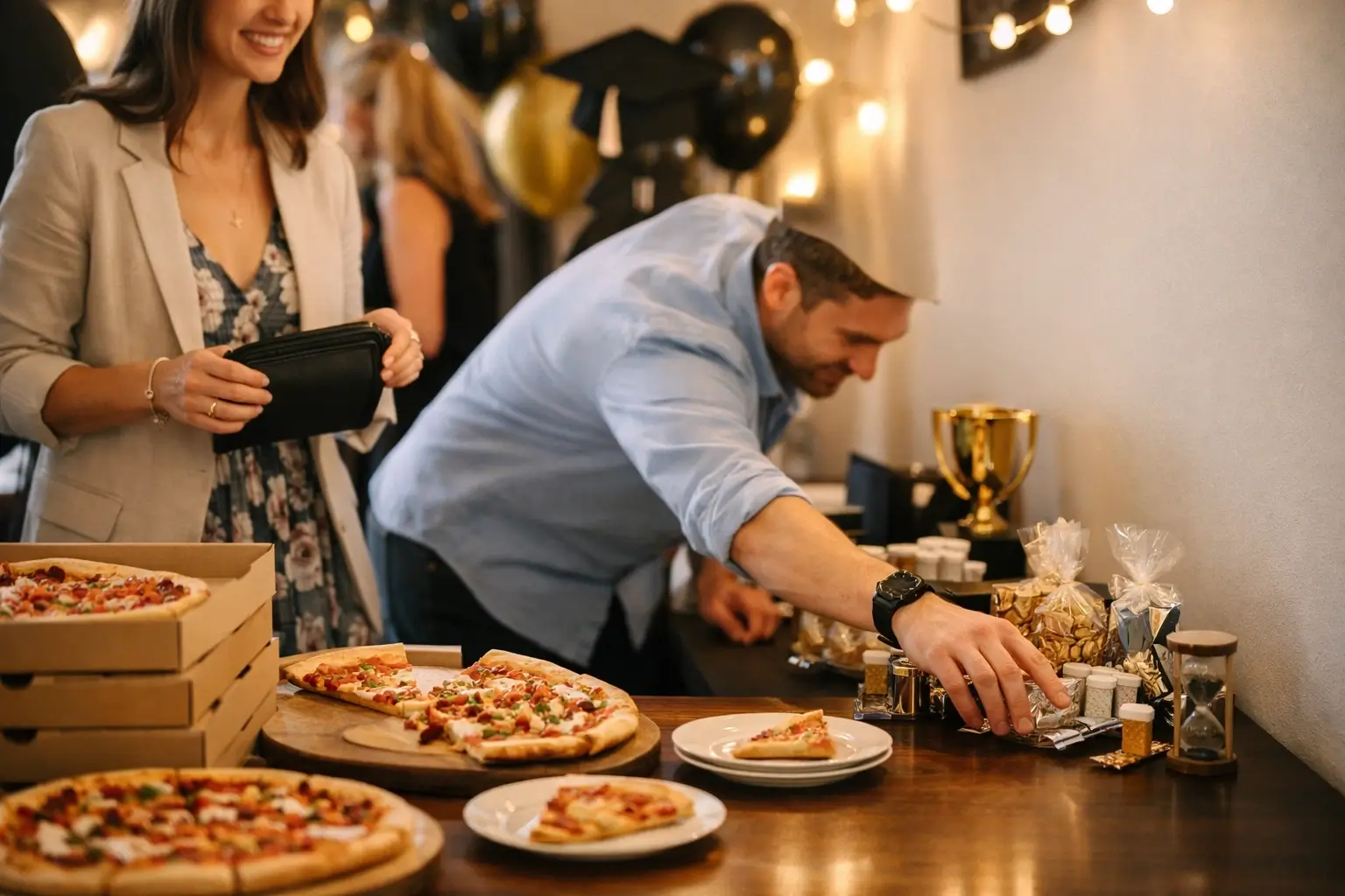 Graduation game pouch on a table beside pizza