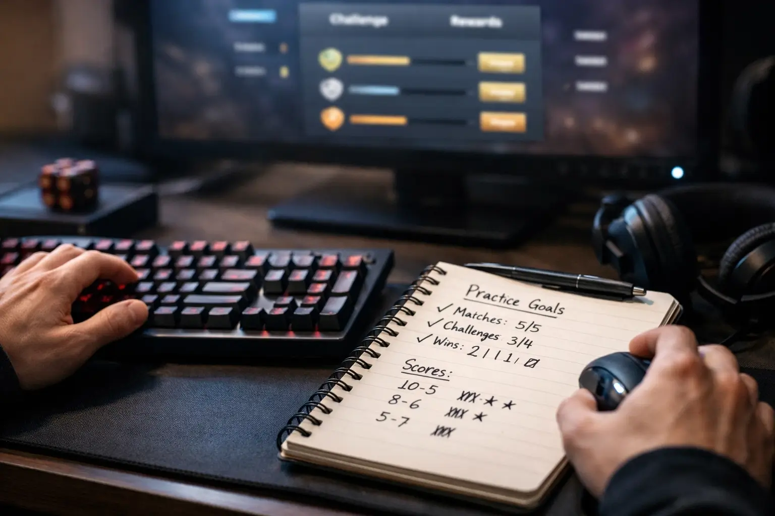 Player tracking gaming progress in a notebook beside a keyboard