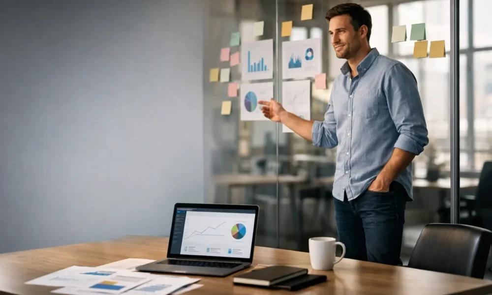 Founder planning business strategy in an office