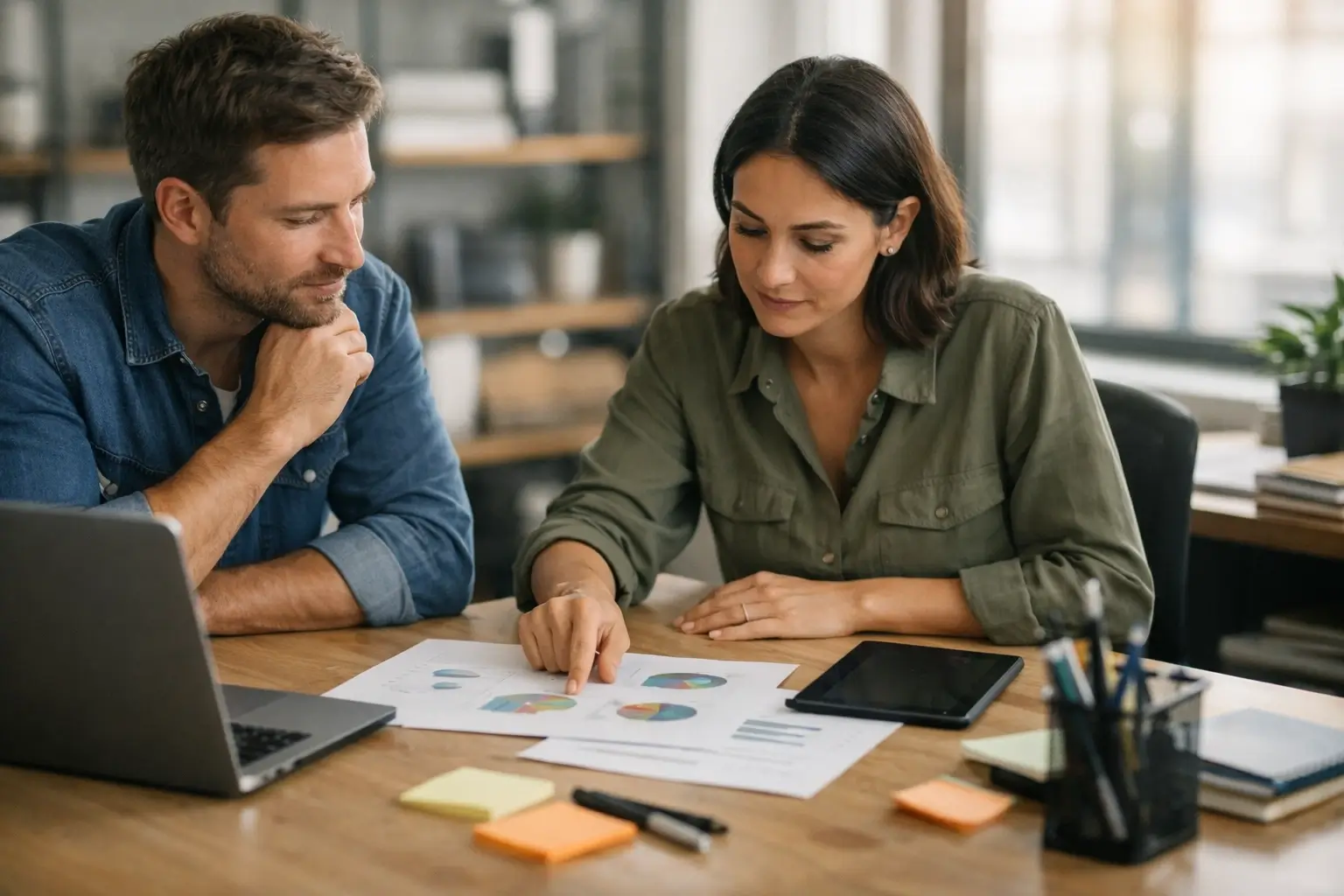 Two coworkers planning a business project