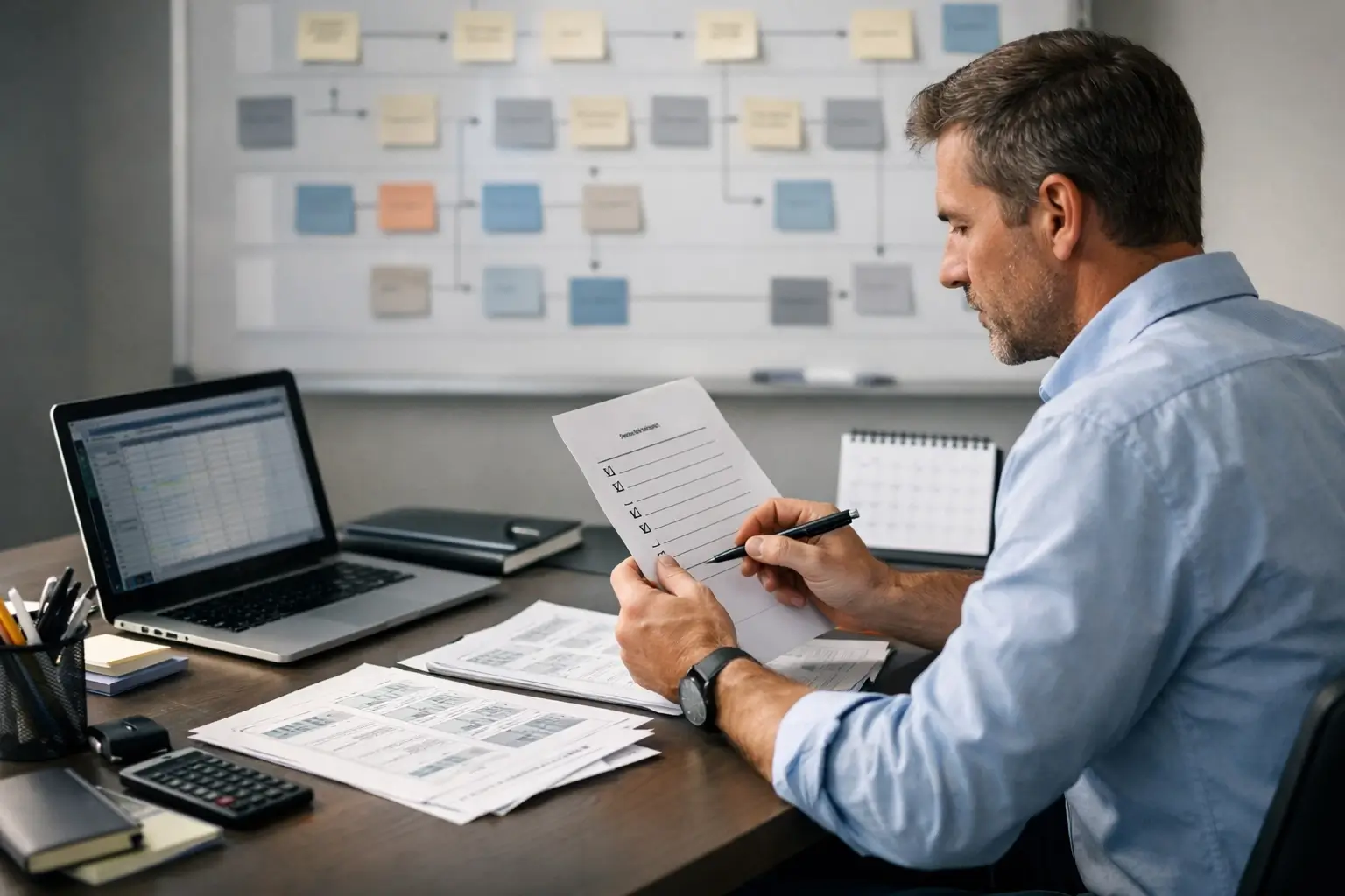 Manager reviewing workflow and task plans