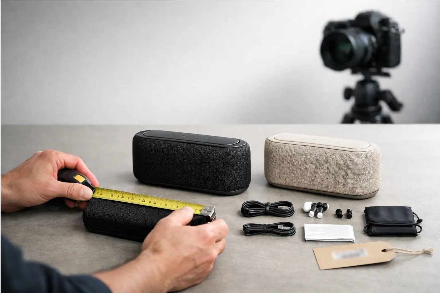 Hands measure a product and lay out what is included in the box.