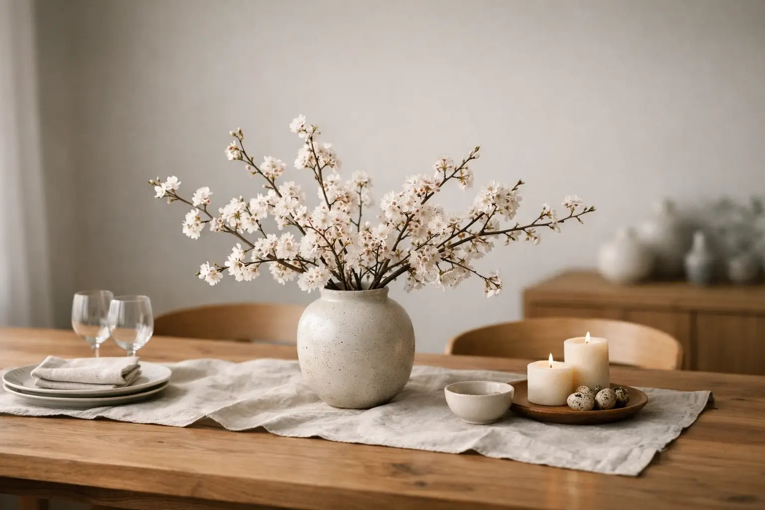 Cherry blossom branches on a Scandinavian dining table