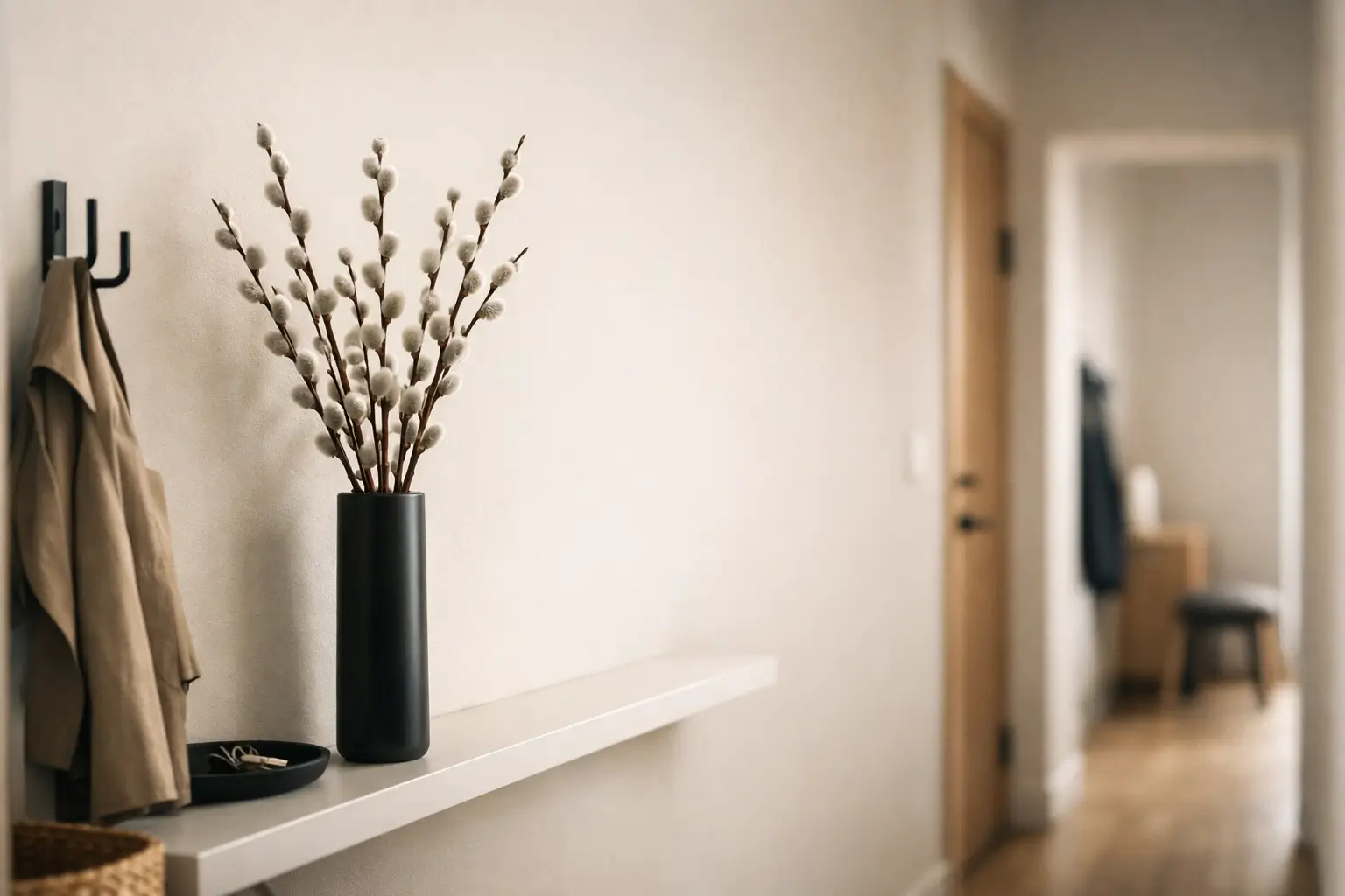 Willow branches in a slim vase in a hallway