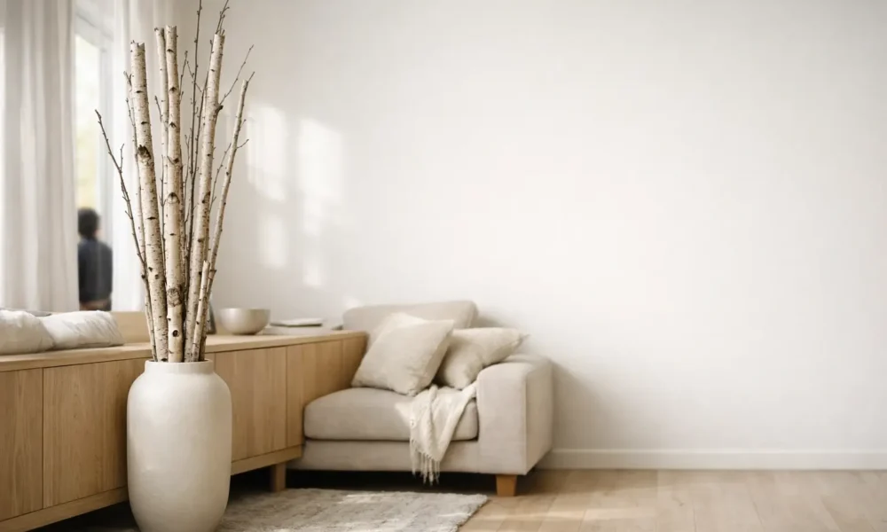 Tall birch branches in a Scandinavian living room