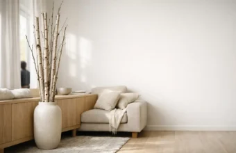 Tall birch branches in a Scandinavian living room