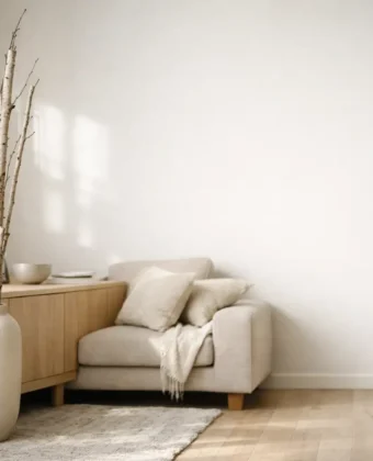 Tall birch branches in a Scandinavian living room