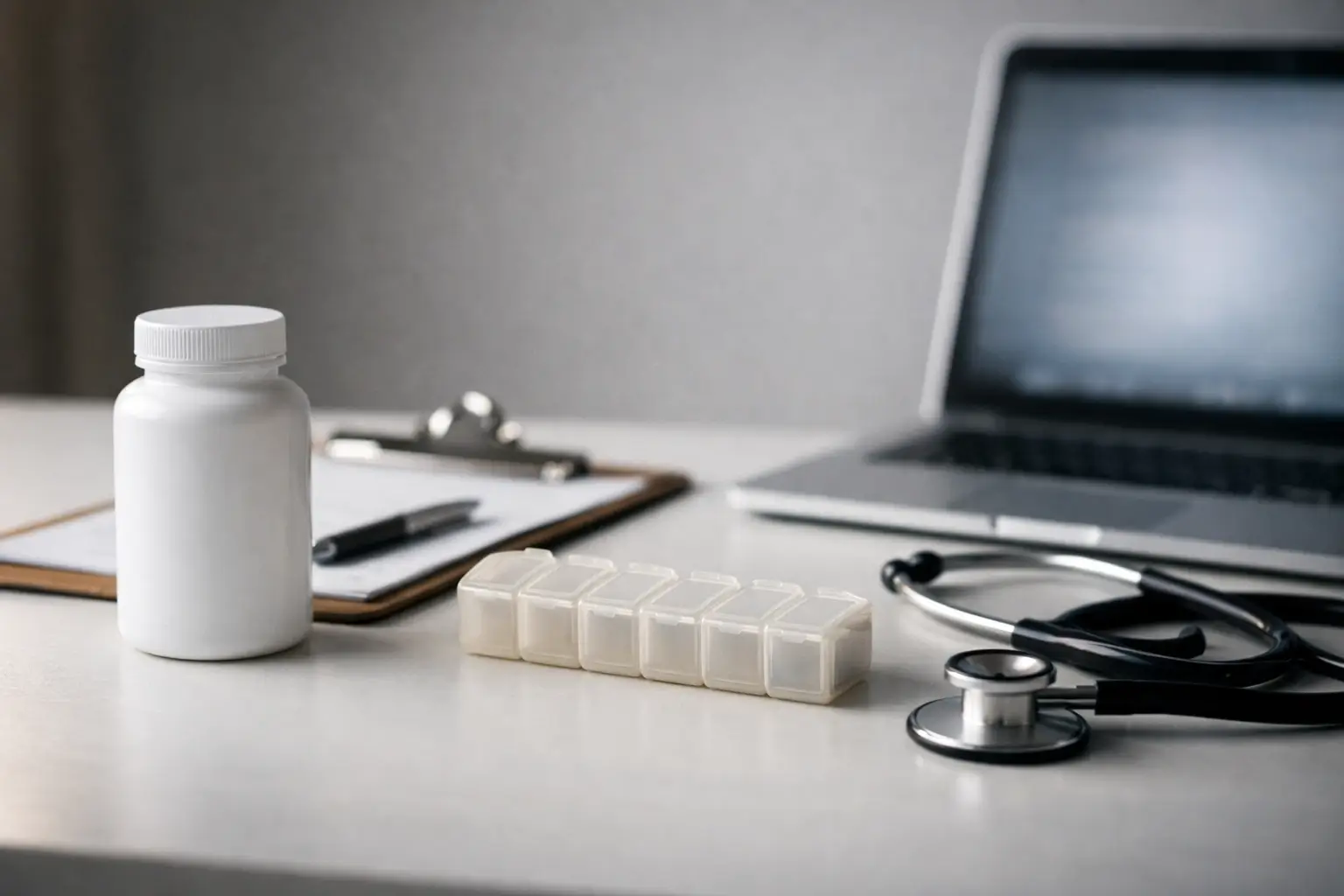 Desk with bottle and tools showing quetaquenosol uses