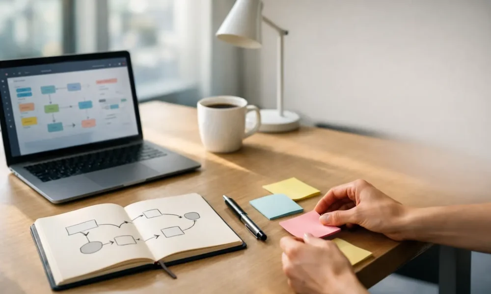 Office desk with laptop and notes for workflow planning