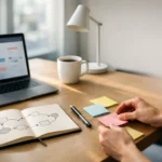 Office desk with laptop and notes for workflow planning