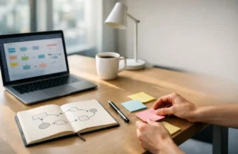 Office desk with laptop and notes for workflow planning