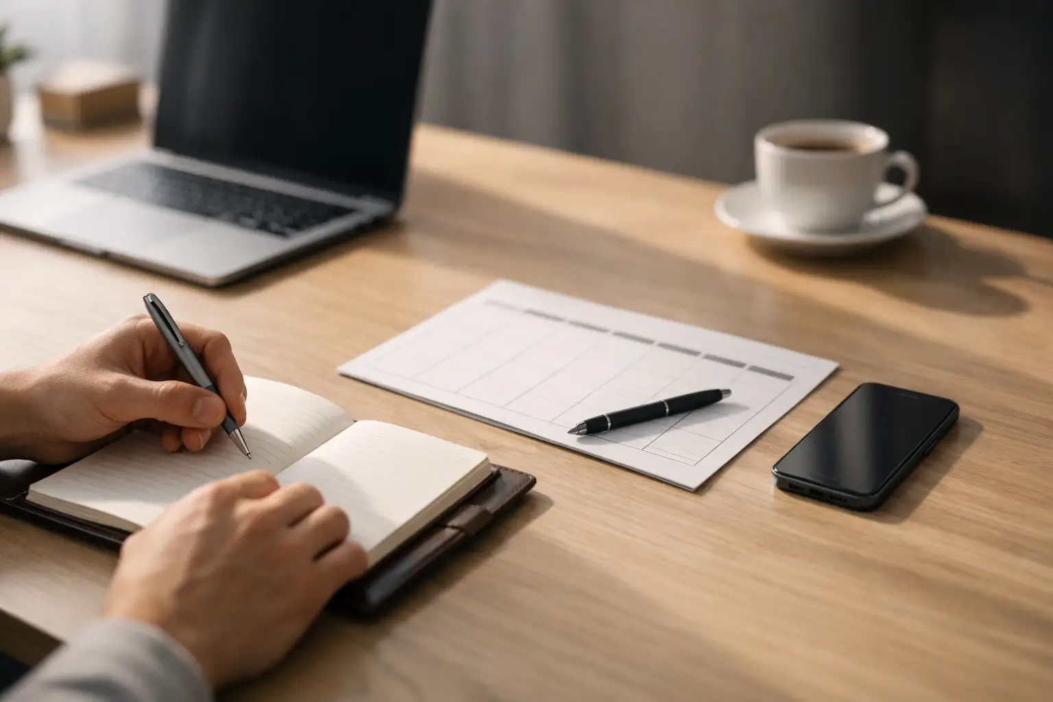 Home office desk with planner and laptop for productivity