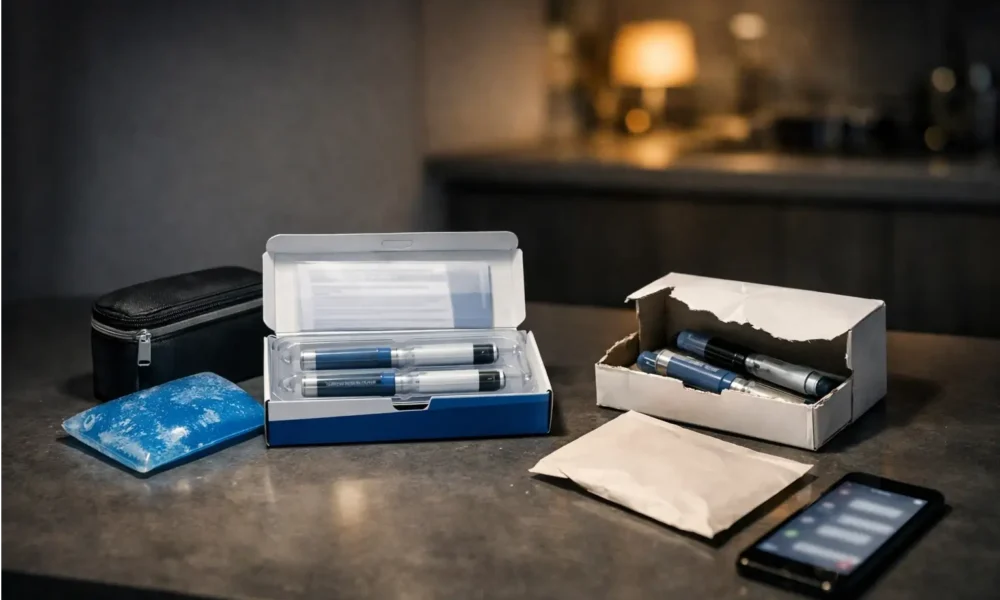 Two generic weight-loss injection packages on a table, one safe-looking and one suspicious.