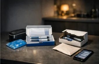 Two generic weight-loss injection packages on a table, one safe-looking and one suspicious.