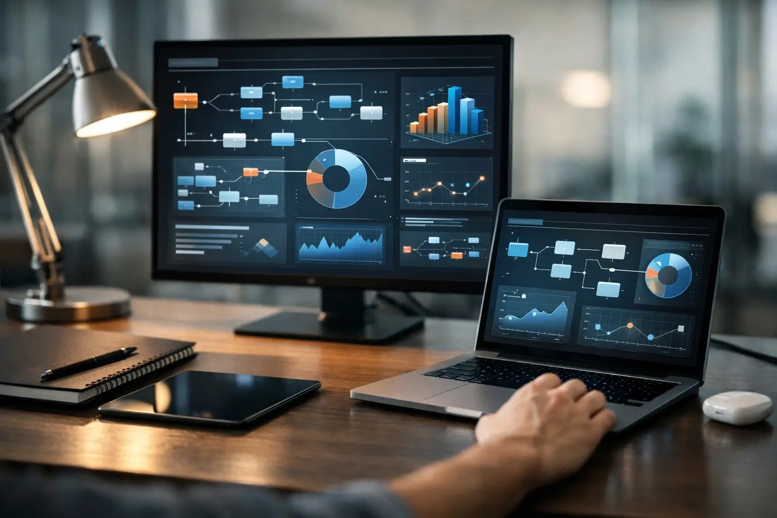 Tech workspace showing dashboards and automation tools