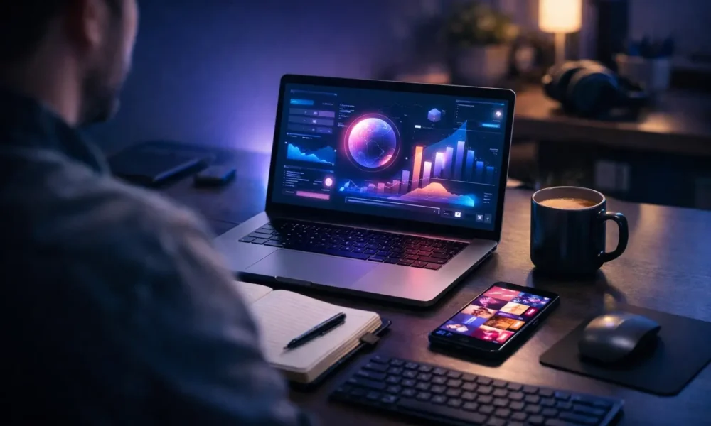 Laptop and phone in a digital creative workspace